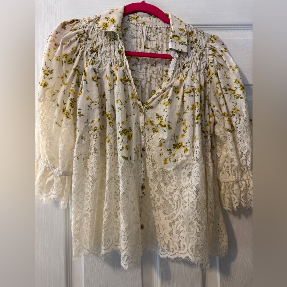 Anthropologie Yellow Floral Lace Blouse